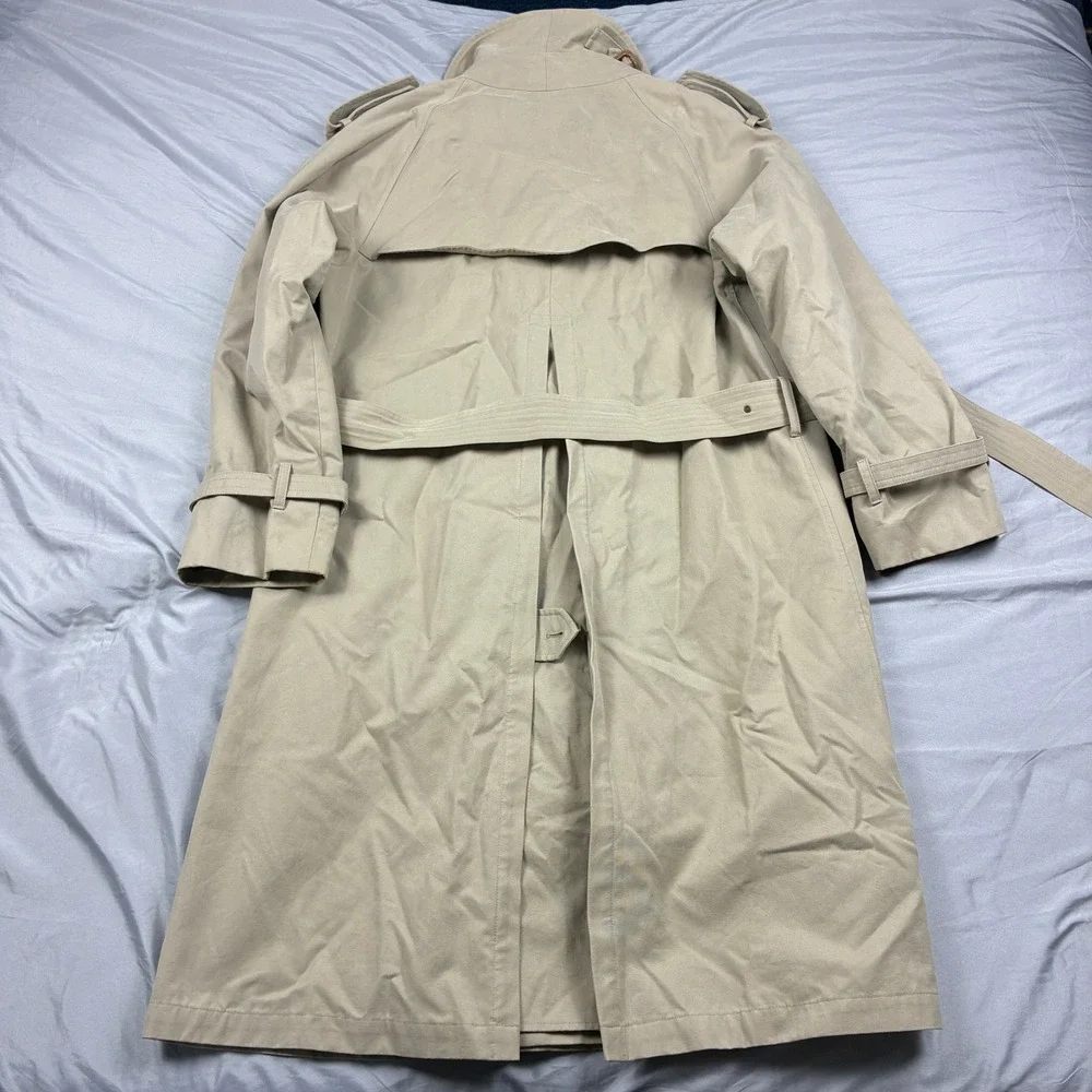 Brooks Brothers Trench Coat 42R Tan Belted Double Breasted Plaid Lining Cotton